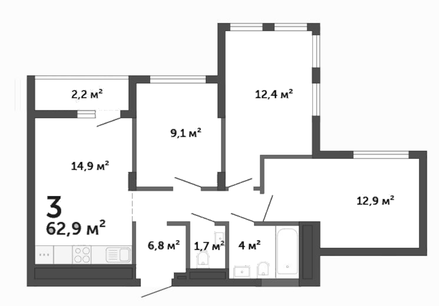 Планировка 3-к, 62,9 м² в ЖК Малевич