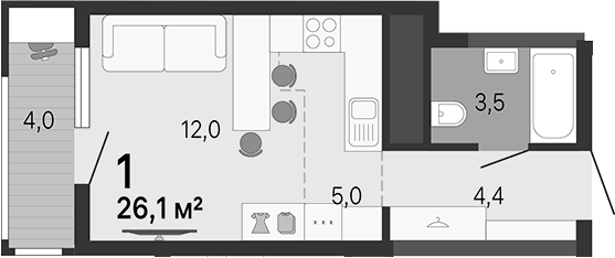 Планировка Студия, 26,1 м² в ЖК Малевич