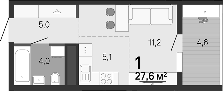 Планировка Студия, 27,6 м² в ЖК Малевич