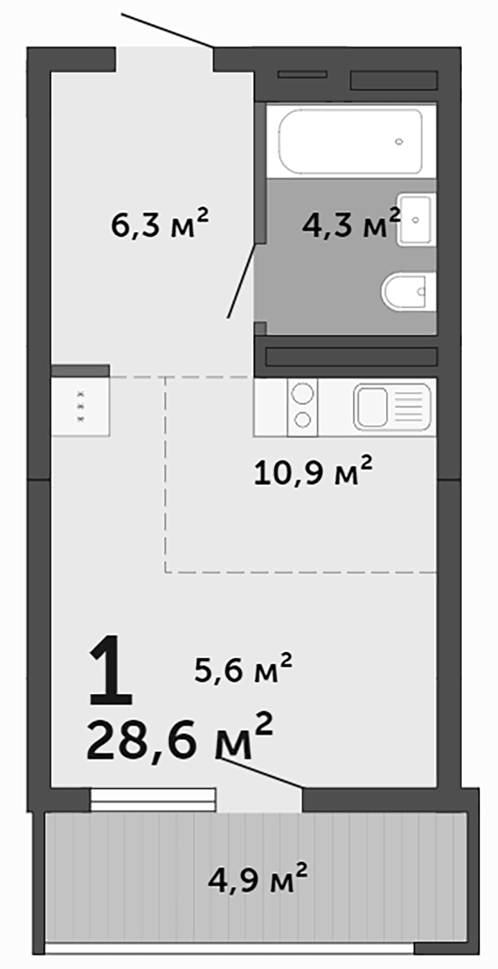 Планировка Студия, 28,5 м² в ЖК Малевич