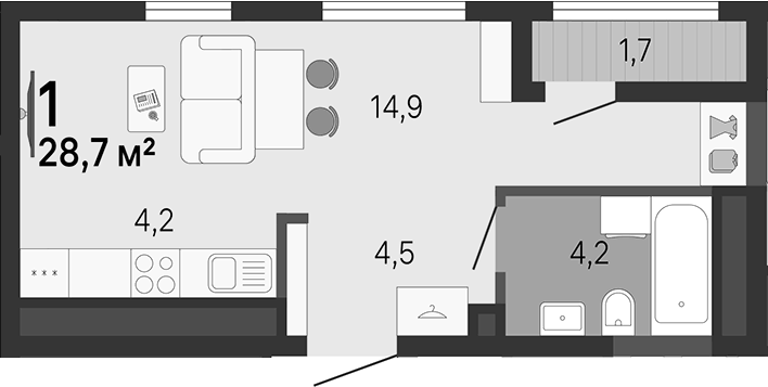 Планировка Студия, 28,7 м² в ЖК Малевич