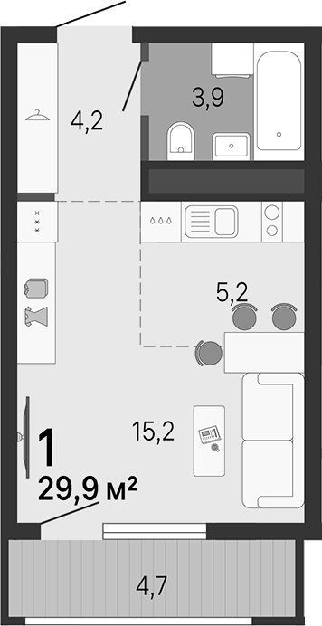 Планировка Студия, 29,9 м² в ЖК Малевич