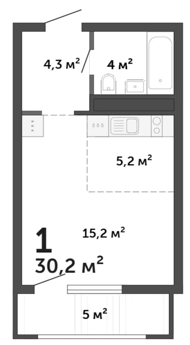 Планировка Студия, 30,2 м² в ЖК Малевич