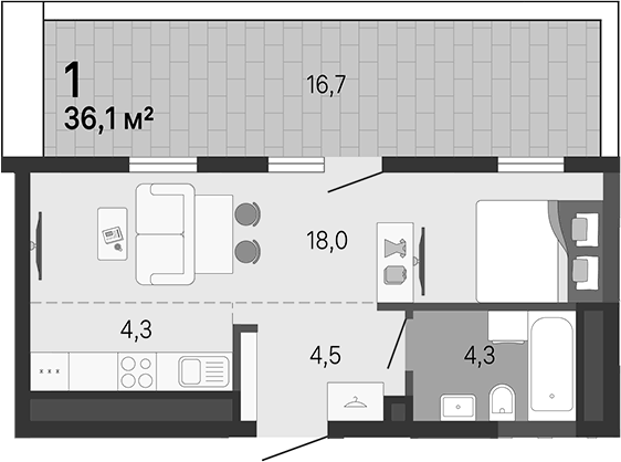Планировка Студия, 36,1 м² в ЖК Малевич