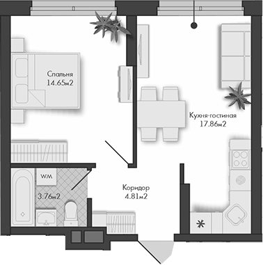 Планировка 1-к.кв, 41,08 м² в ЖК Маяковка
