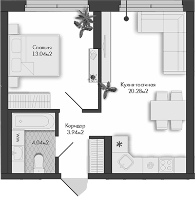 Планировка 1-к.кв, 41,3 м² в ЖК Маяковка