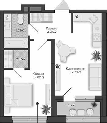 Планировка 1-к.кв, 44,59 м² в ЖК Маяковка