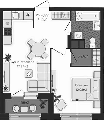Планировка 1-к.кв, 44,83 м² в ЖК Маяковка