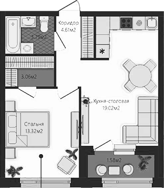 Планировка 1-к.кв, 45,38 м² в ЖК Маяковка