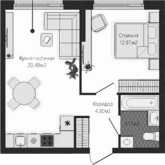 Планировка 2Е-к.кв, 41,93 м² в ЖК Маяковка