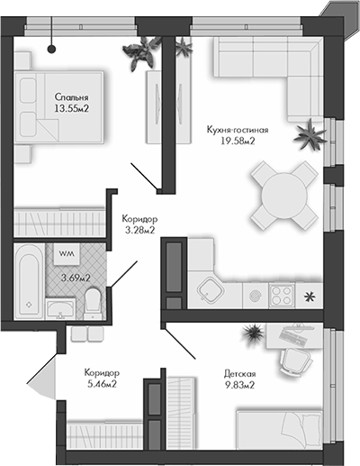 Планировка 2-к, 55,39 м² в ЖК Маяковка