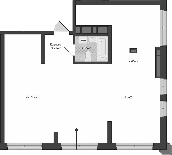 Планировка свободная 83,95 м² в ЖК Маяковка, Екатеринбург: окна на две стороны, зоны 51,15 и 22,71 м²
