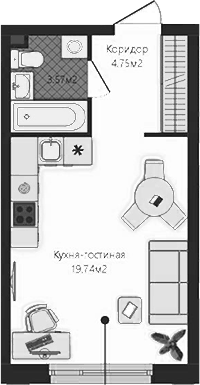 Планировка Студия, 28,06 м² в ЖК Маяковка