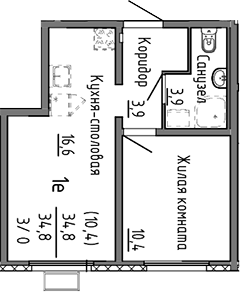 Планировка 2Е-к.кв, 34,8 м² в ЖК Меридиан