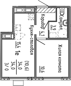 Планировка 2Е-к.кв, 34 м² в ЖК Меридиан