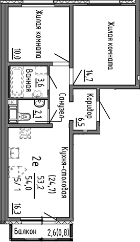 Планировка 3Е-к, 54 м² в ЖК Меридиан