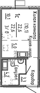 Планировка Студия, 22,6 м² в ЖК Меридиан