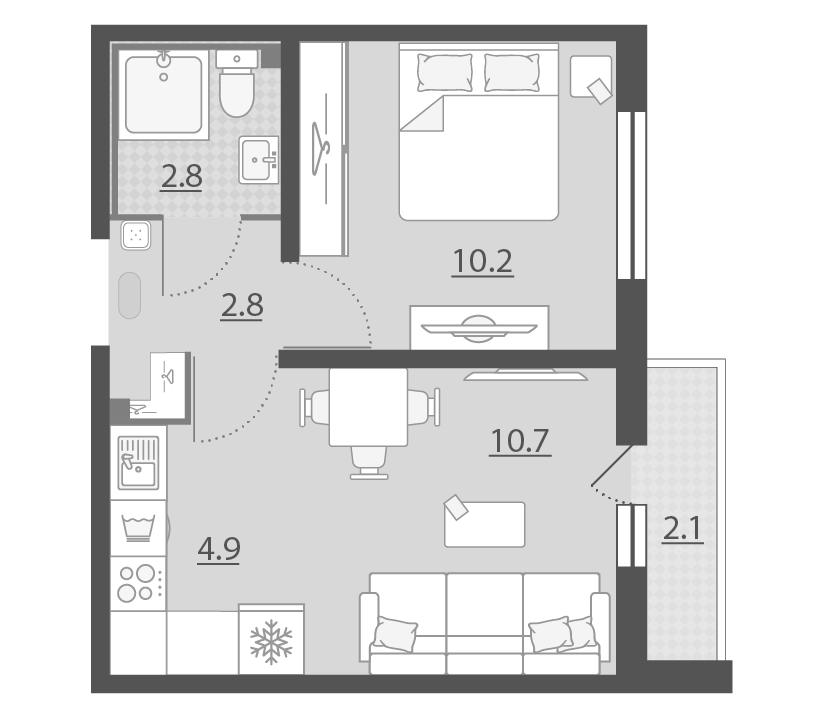 Планировка 2Е-к.кв, 32.5 м² в ЖК Мичуринский