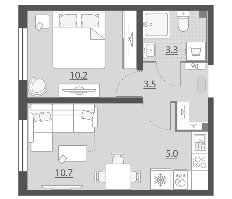 Планировка 2Е-к.кв, 32.7 м² в ЖК Мичуринский