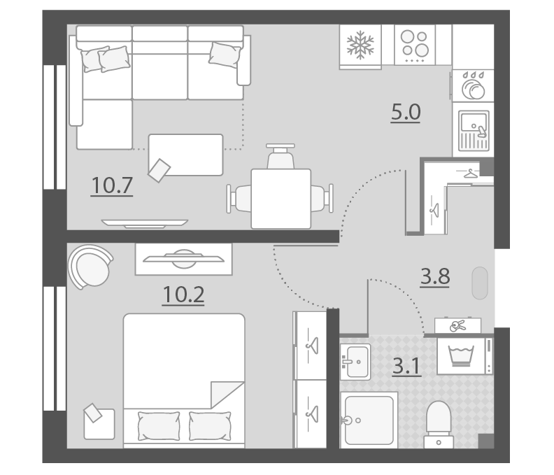 Планировка 2Е-к.кв, 32.8 м² в ЖК Мичуринский