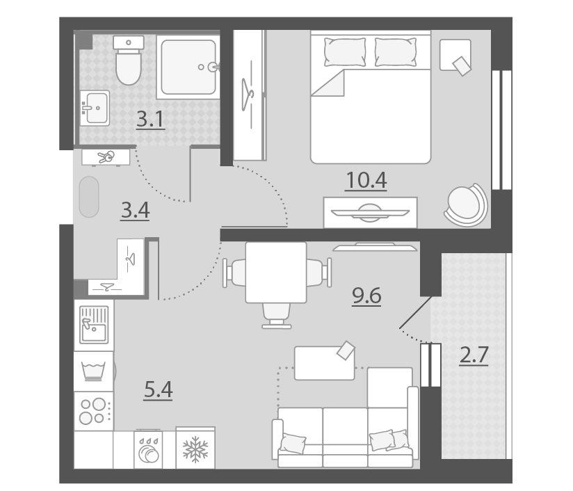 Планировка 2Е-к.кв, 33.3 м² в ЖК Мичуринский