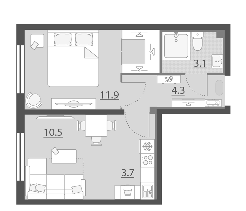 Планировка 2Е-к.кв, 33.5 м² в ЖК Мичуринский