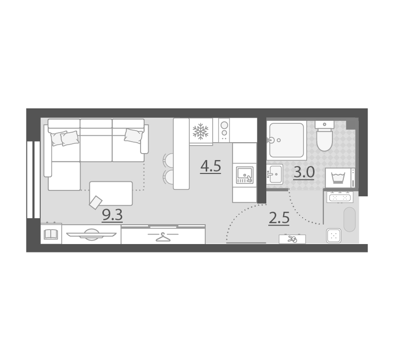 Планировка Студия, 19.3 м² в ЖК Мичуринский