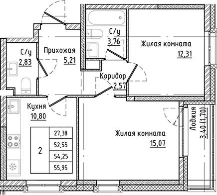 Планировка 2-к.кв, 54,25 м² в ЖК Мир Труд Май