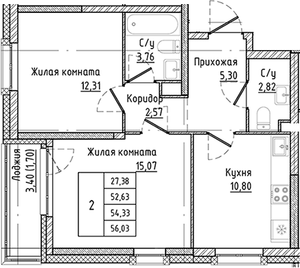Планировка 2-к.кв, 54,33 м² в ЖК Мир Труд Май