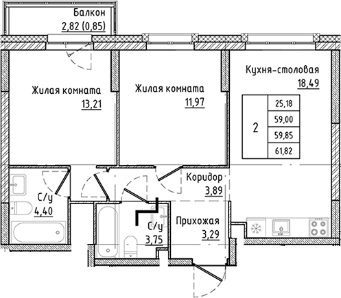 Планировка 3Е-к.кв, 59,85 м² в ЖК Мир Труд Май