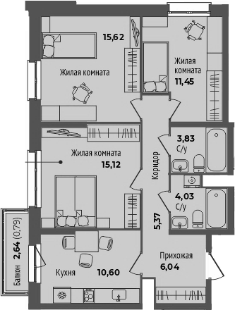Планировка 3-к.кв, 72,85 м² в ЖК Мир Труд Май
