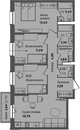Планировка 4Е-к.кв, 80,84 м² в ЖК Мир Труд Май