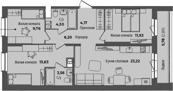 Планировка 4Е-к.кв, 81,66 м² в ЖК Мир Труд Май