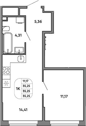 Планировка 1-к.кв, 35,25 м² в ЖК Моменты на Космонавтов