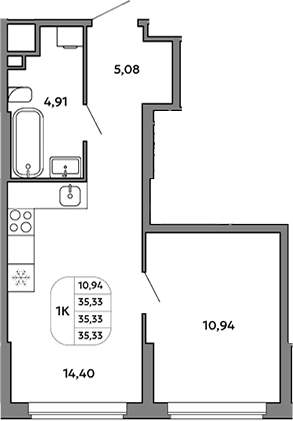 Планировка 1-к.кв, 35,33 м² в ЖК Моменты на Космонавтов