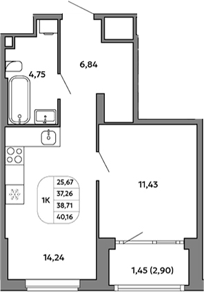 Планировка 1-к.кв, 38,71 м² в ЖК Моменты на Космонавтов