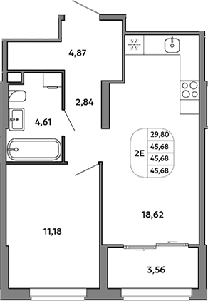 Планировка 2Е-к, 45,68 м² в ЖК Моменты на Космонавтов