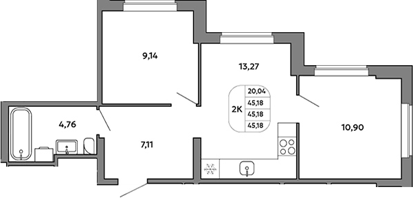 Планировка 2-к, 45,18 м² в ЖК Моменты на Космонавтов