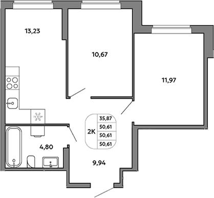 Планировка двухкомнатной квартиры 50,61 м² в ЖК Моменты на Космонавтов, Екатеринбург: две изолированные комнаты, кухня 13,23 м²