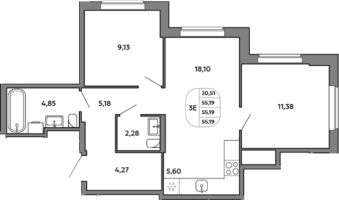 Планировка 3Е-к, 55,19 м² в ЖК Моменты на Космонавтов