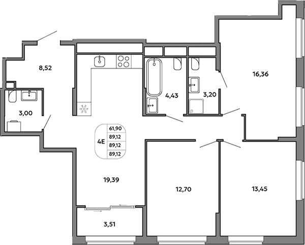 Планировка 4Е-к, 89,12 м² в ЖК Моменты на Космонавтов