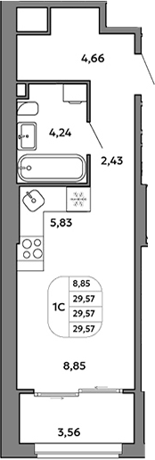 Планировка Студия, 29,57 м² в ЖК Моменты на Космонавтов