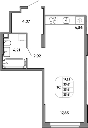 Планировка Студия, 33,61 м² в ЖК Моменты на Космонавтов