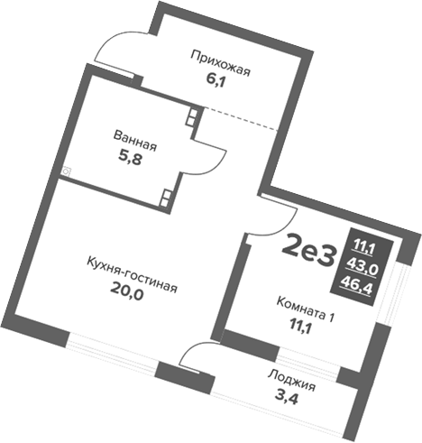 Планировка 2Е-к.кв, 46,42 м² в ЖК Московский квартал