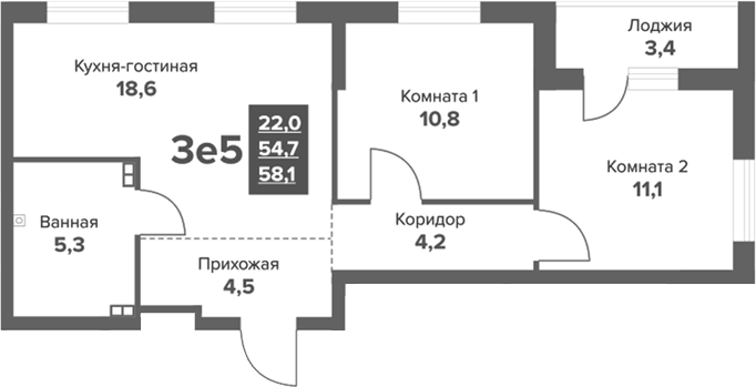 Планировка 3Е-к.кв, 58,08 м² в ЖК Московский квартал