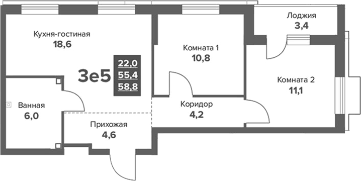 Планировка 3Е-к.кв, 58,79 м² в ЖК Московский квартал