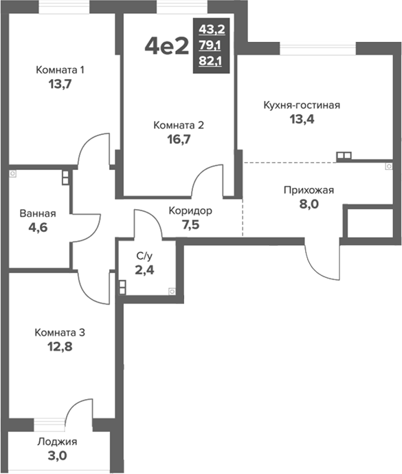Планировка 4Е-к.кв, 82,15 м² в ЖК Московский квартал