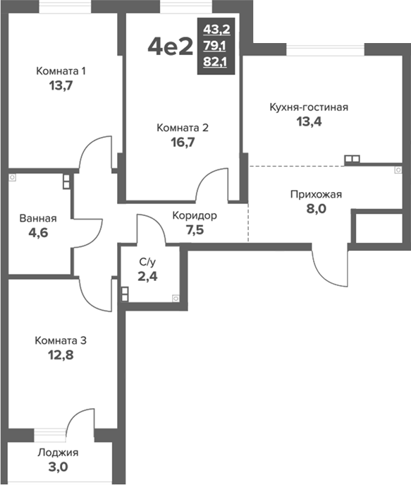 Планировка 4Е-к.кв, 82,15 м² в ЖК Московский квартал