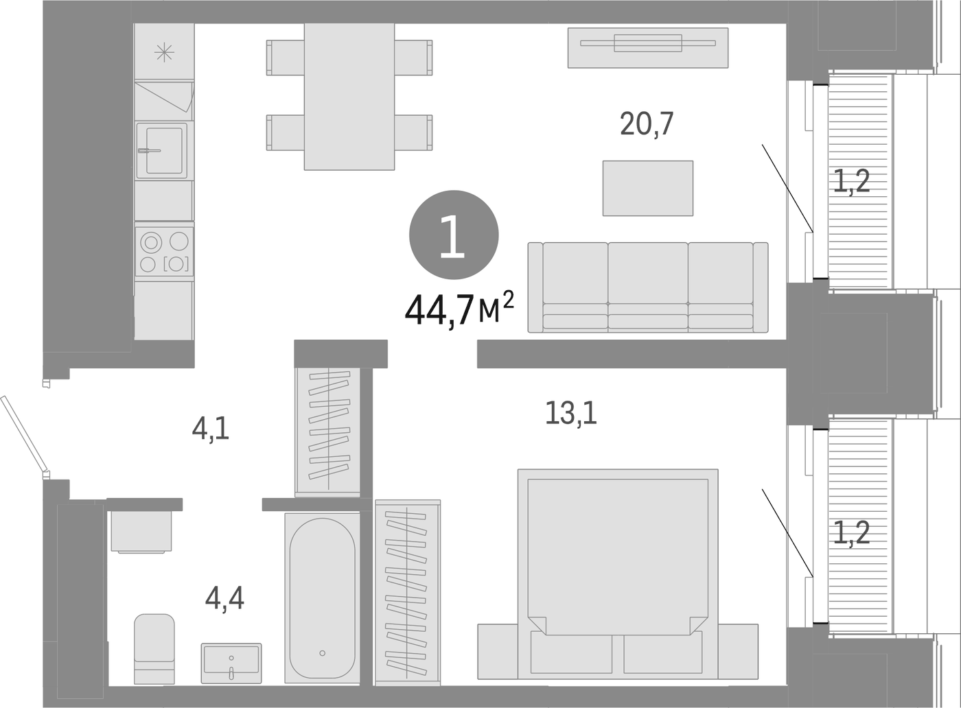 Планировка 2Е-к.кв, 44.7 м² в ЖК На Некрасова