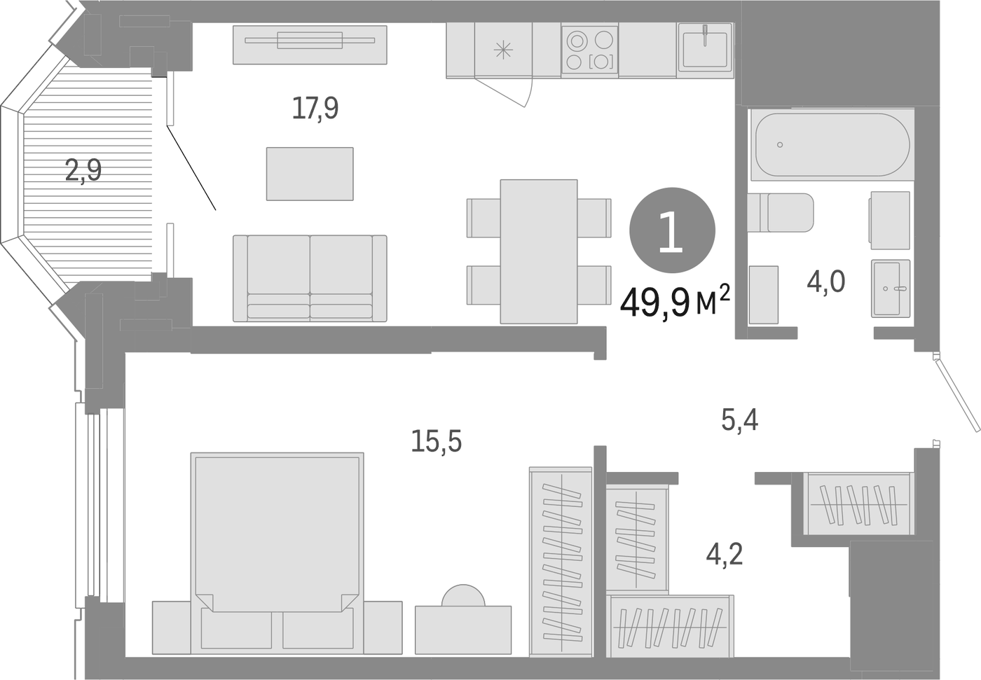 Планировка 2Е-к.кв, 49.9 м² в ЖК На Некрасова